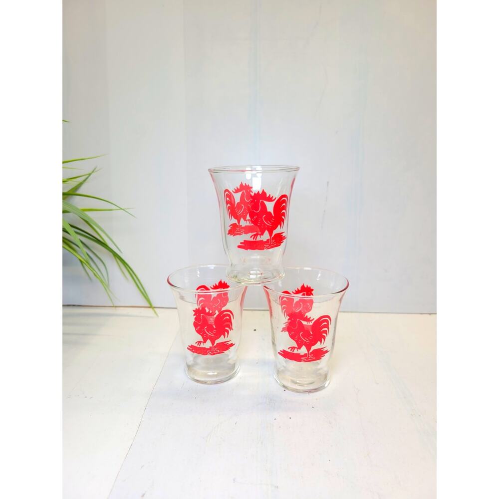 3 Vintage Libbey Red Rooster Cocktail Juice Glasses Mid Century Modern MCM